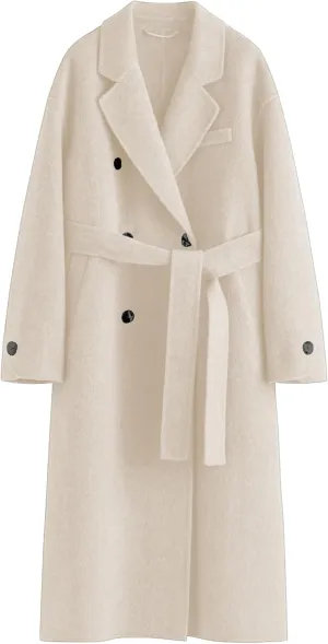 Wool Coats for Women Winter Lapel Double Breasted Wool Blend Long Pea Trench Coat Pocketed Outwear with Belt