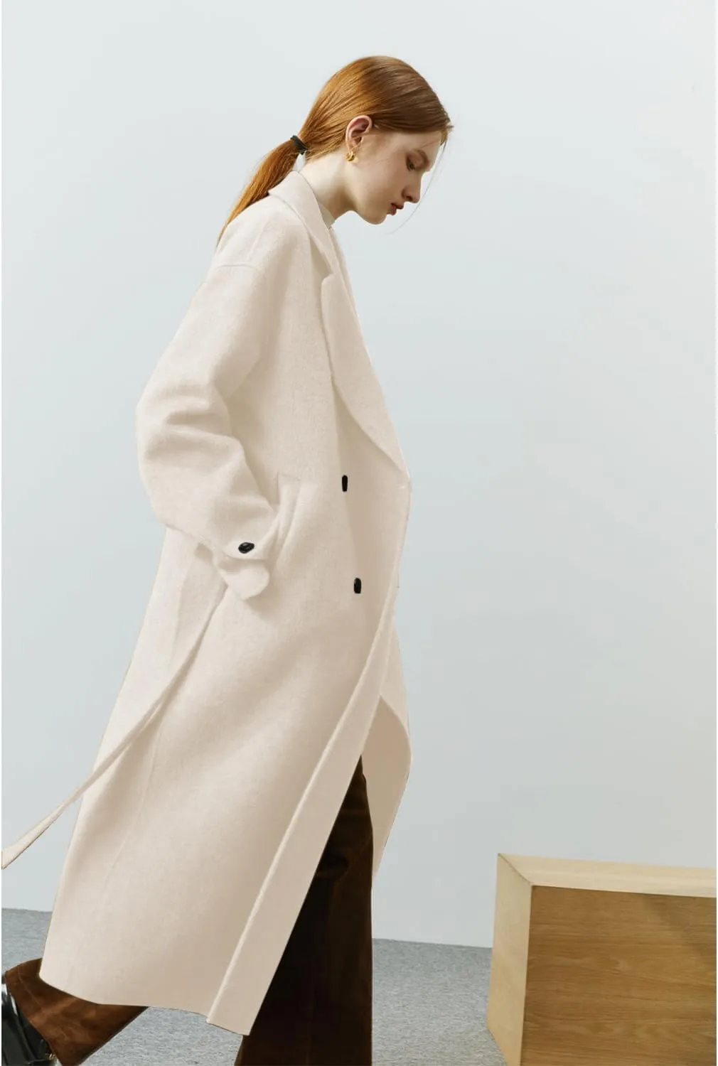Wool Coats for Women Winter Lapel Double Breasted Wool Blend Long Pea Trench Coat Pocketed Outwear with Belt