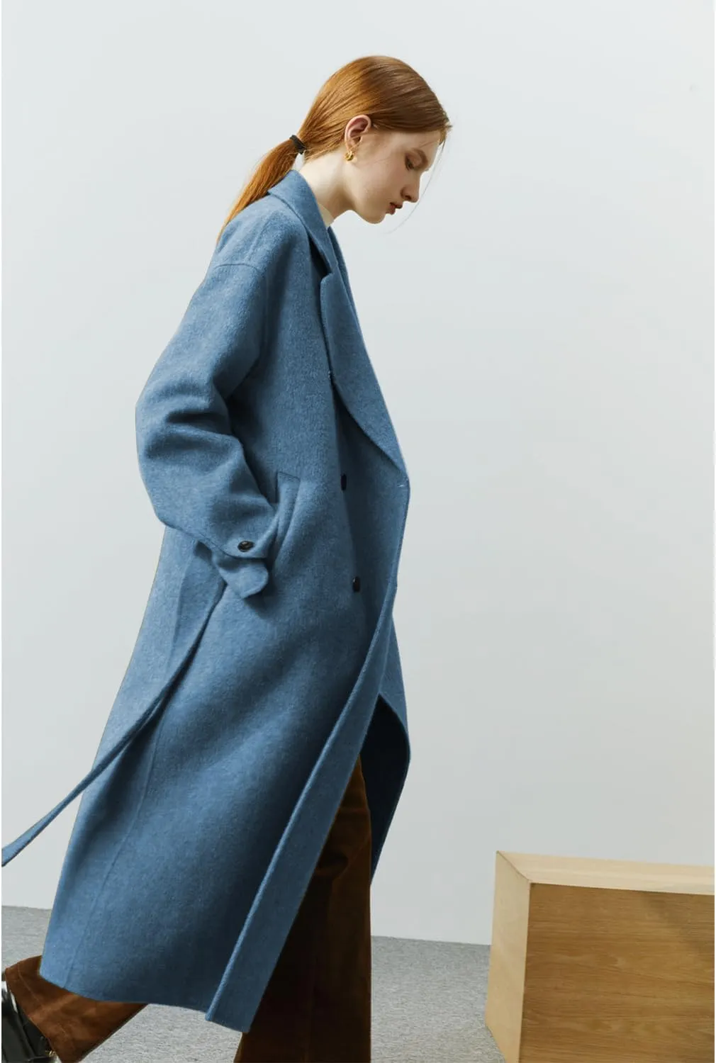Wool Coats for Women Winter Lapel Double Breasted Wool Blend Long Pea Trench Coat Pocketed Outwear with Belt