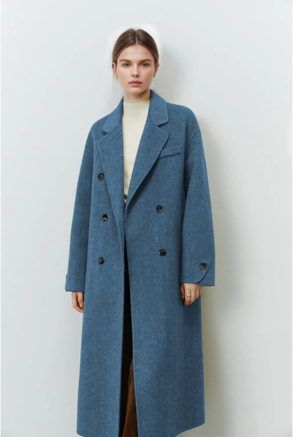 Wool Coats for Women Winter Lapel Double Breasted Wool Blend Long Pea Trench Coat Pocketed Outwear with Belt