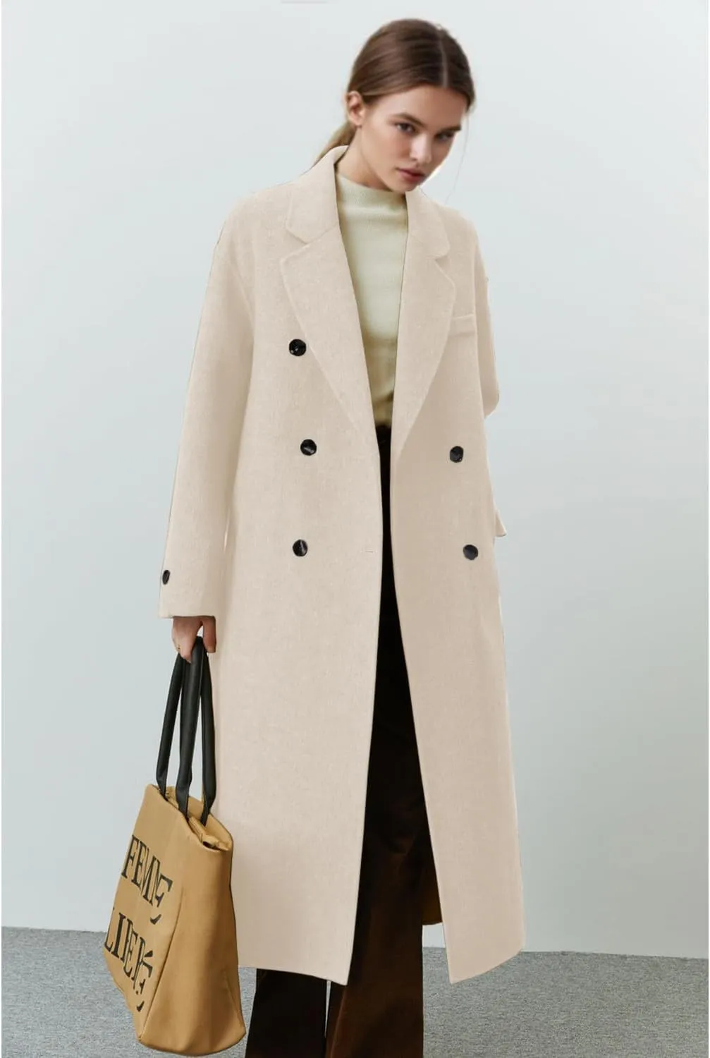 Wool Coats for Women Winter Lapel Double Breasted Wool Blend Long Pea Trench Coat Pocketed Outwear with Belt