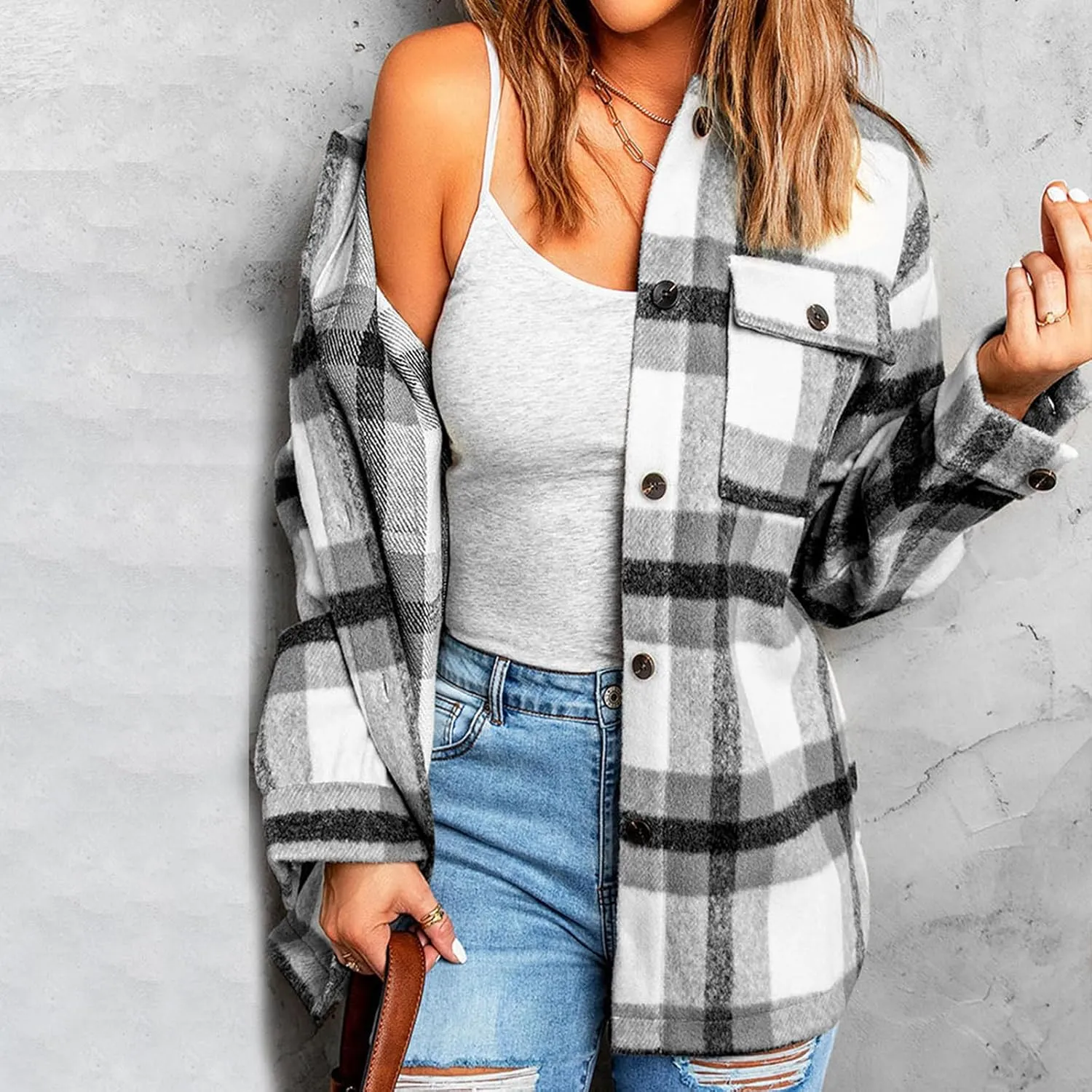 Xiaojmake Womens Flannel Plaid Shacket Wool Blend Button Down Shirt Jacket Fall Fashion Outfit Fleece Lined Jacket Coats