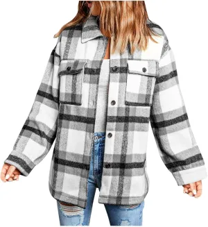 Xiaojmake Womens Flannel Plaid Shacket Wool Blend Button Down Shirt Jacket Fall Fashion Outfit Fleece Lined Jacket Coats