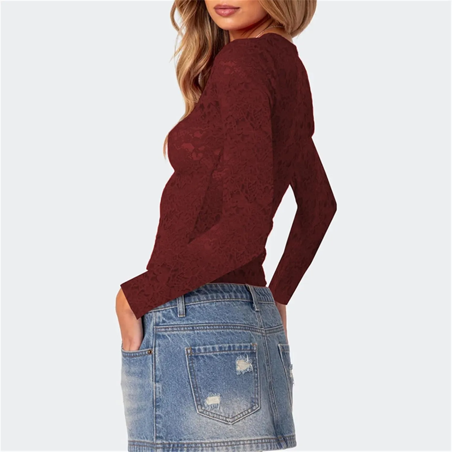 Y2k Long Sleeve Lace Top for Women Sexy Sheer Mesh See Through V Neck Crop Top Slim Fit Lace Shirt Going Out Tops