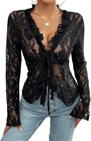 Y2k Long Sleeve Lace Top for Women Sexy Sheer Mesh See Through V Neck Crop Top Slim Fit Lace Shirt Going Out Tops