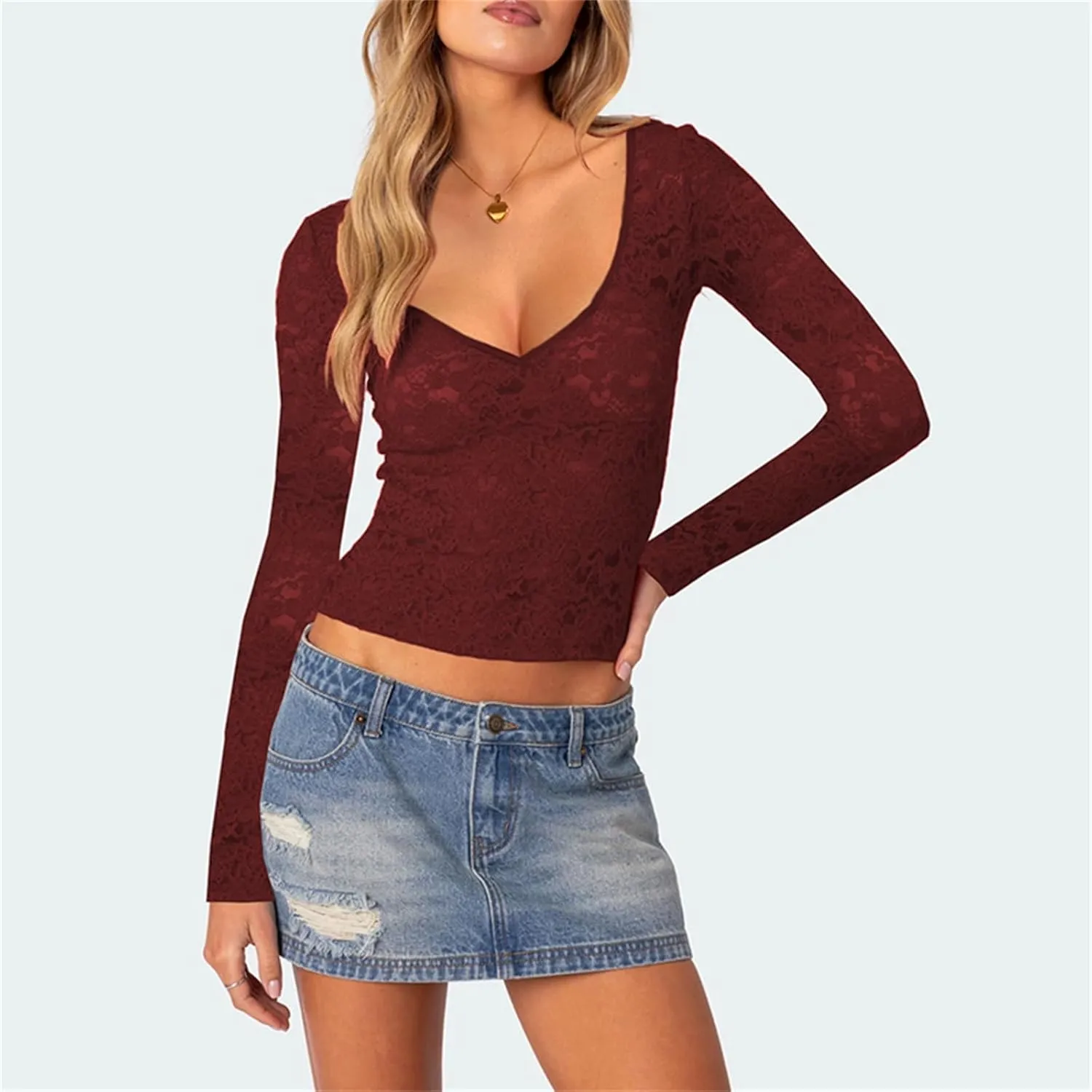 Y2k Long Sleeve Lace Top for Women Sexy Sheer Mesh See Through V Neck Crop Top Slim Fit Lace Shirt Going Out Tops