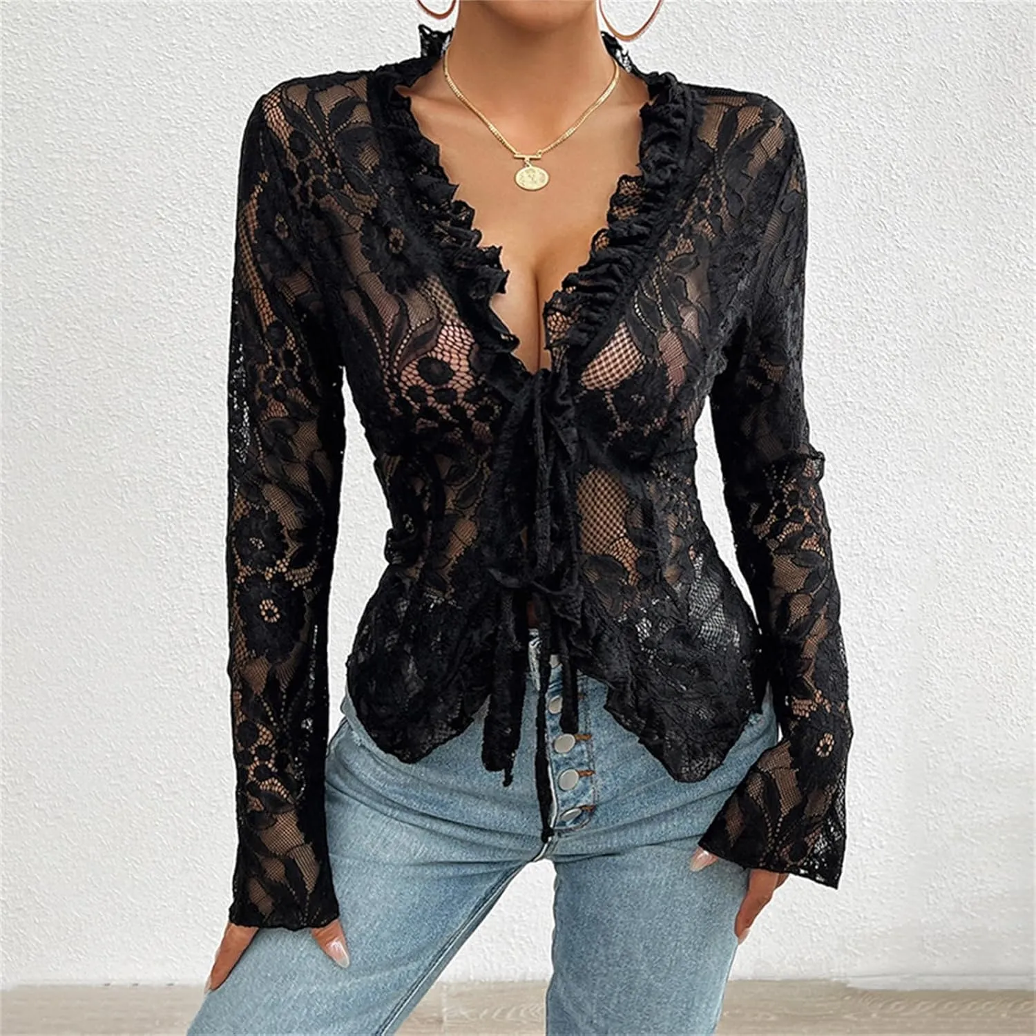 Y2k Long Sleeve Lace Top for Women Sexy Sheer Mesh See Through V Neck Crop Top Slim Fit Lace Shirt Going Out Tops