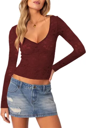 Y2k Long Sleeve Lace Top for Women Sexy Sheer Mesh See Through V Neck Crop Top Slim Fit Lace Shirt Going Out Tops
