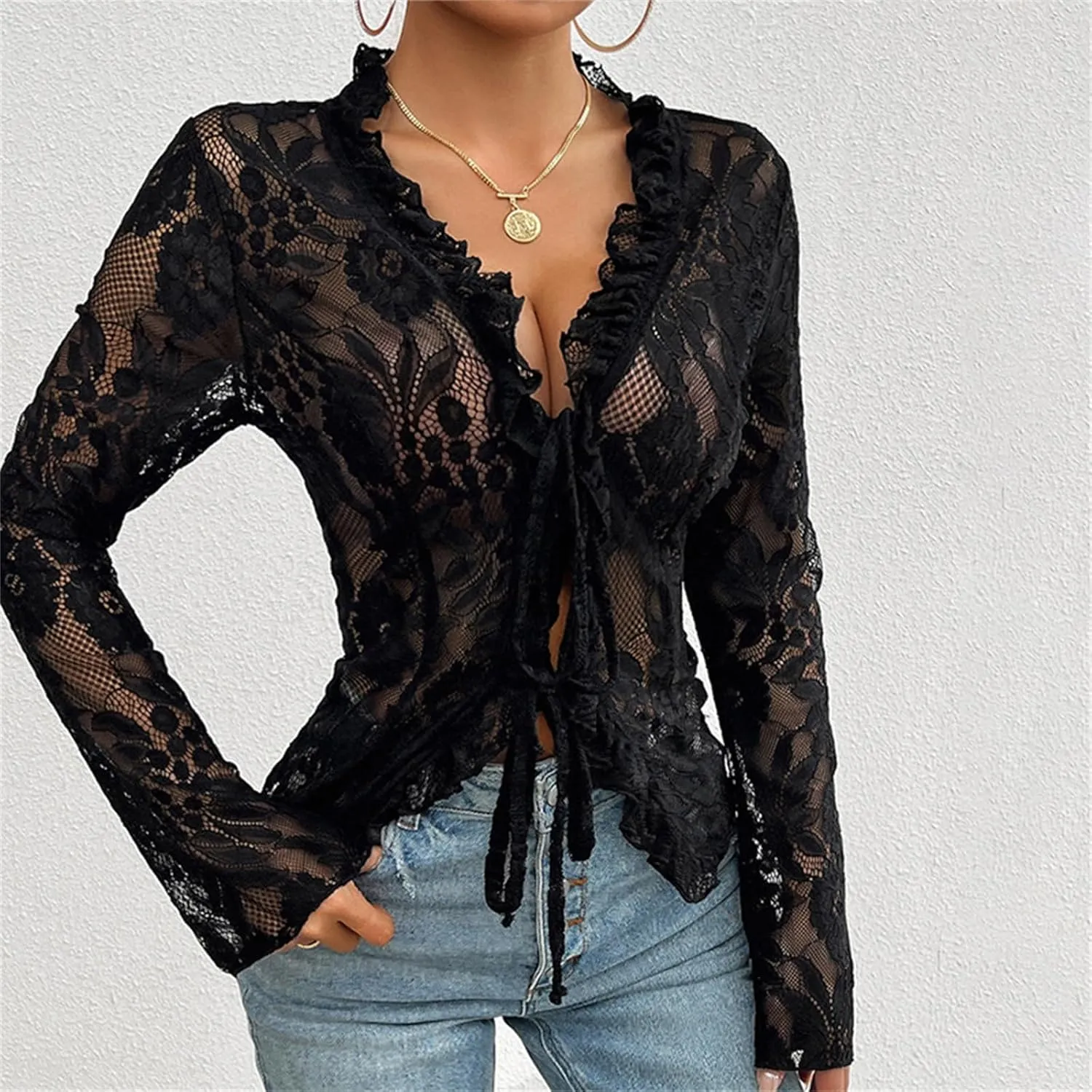 Y2k Long Sleeve Lace Top for Women Sexy Sheer Mesh See Through V Neck Crop Top Slim Fit Lace Shirt Going Out Tops