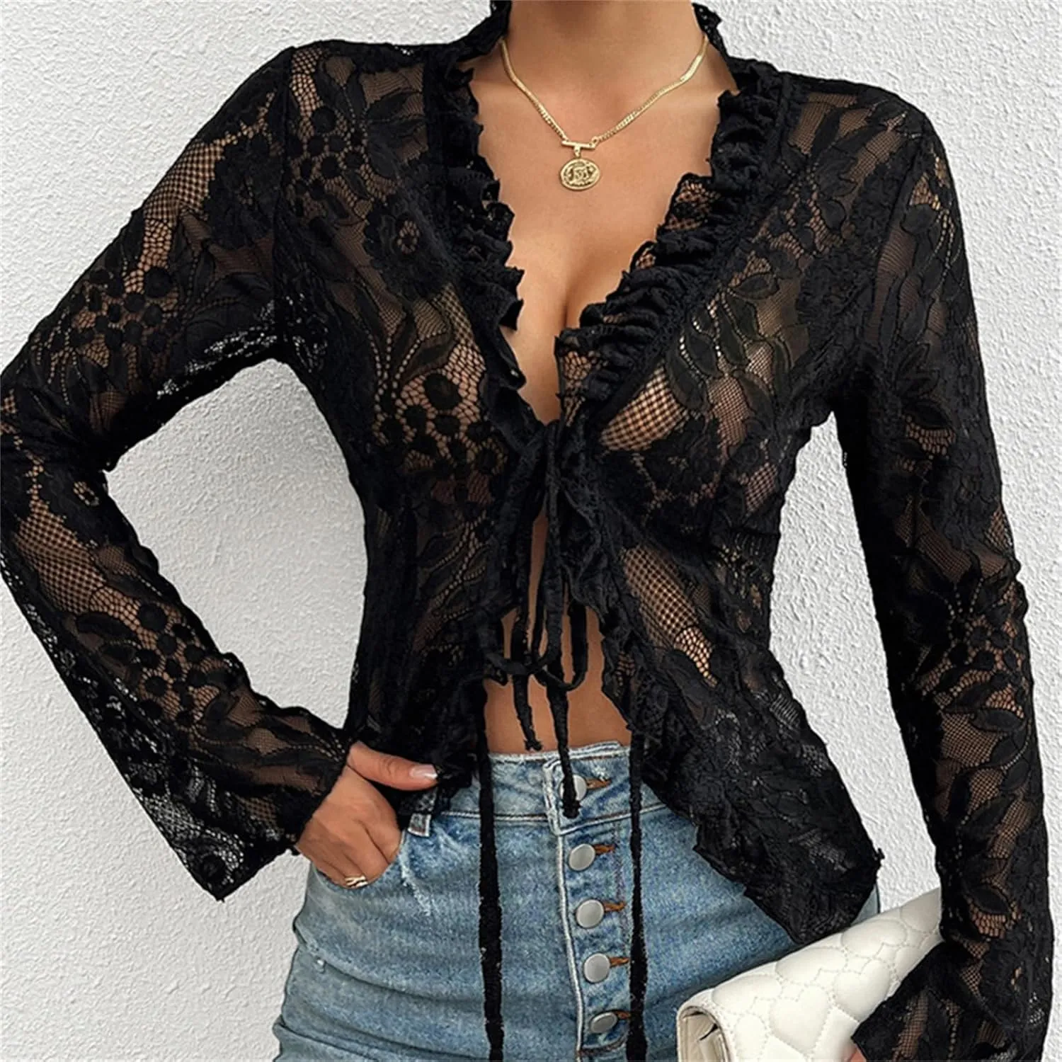 Y2k Long Sleeve Lace Top for Women Sexy Sheer Mesh See Through V Neck Crop Top Slim Fit Lace Shirt Going Out Tops