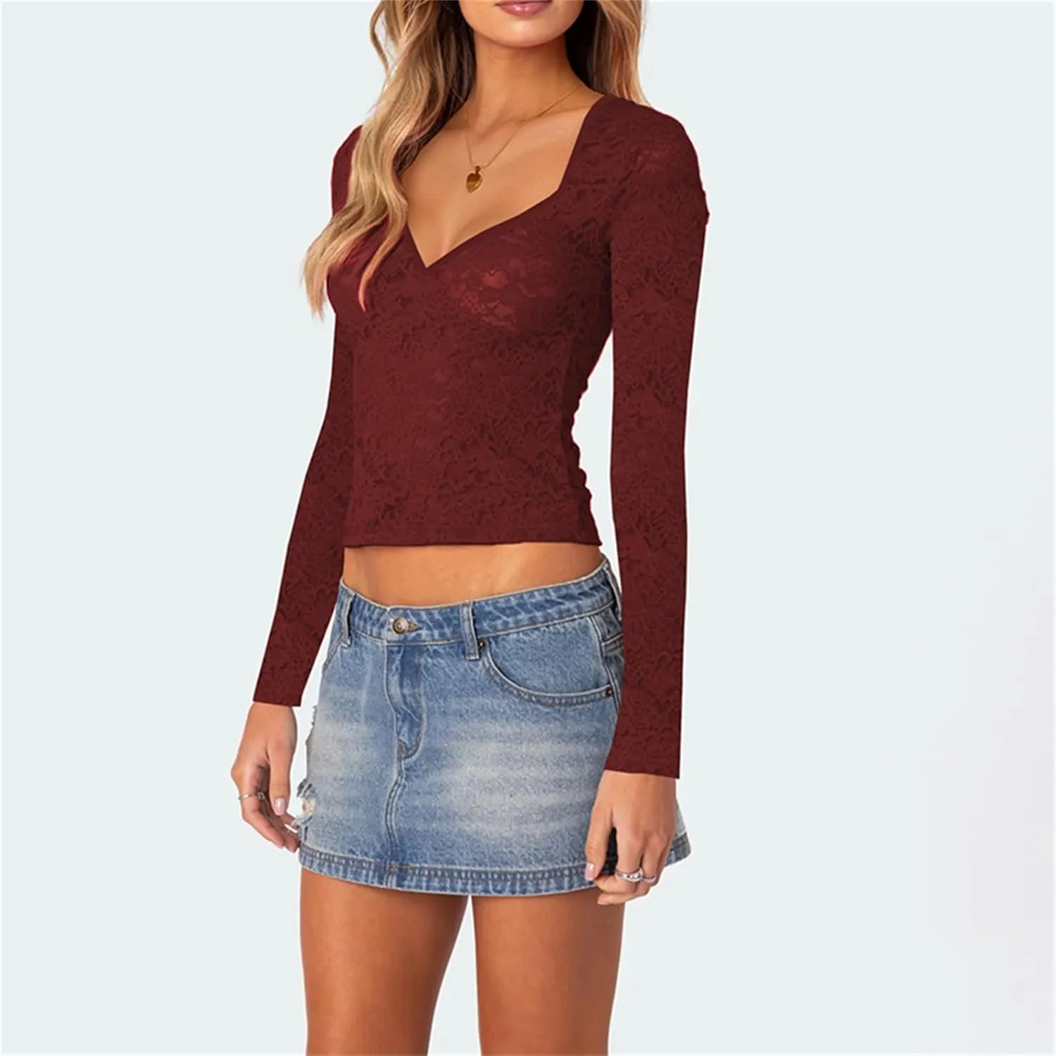 Y2k Long Sleeve Lace Top for Women Sexy Sheer Mesh See Through V Neck Crop Top Slim Fit Lace Shirt Going Out Tops