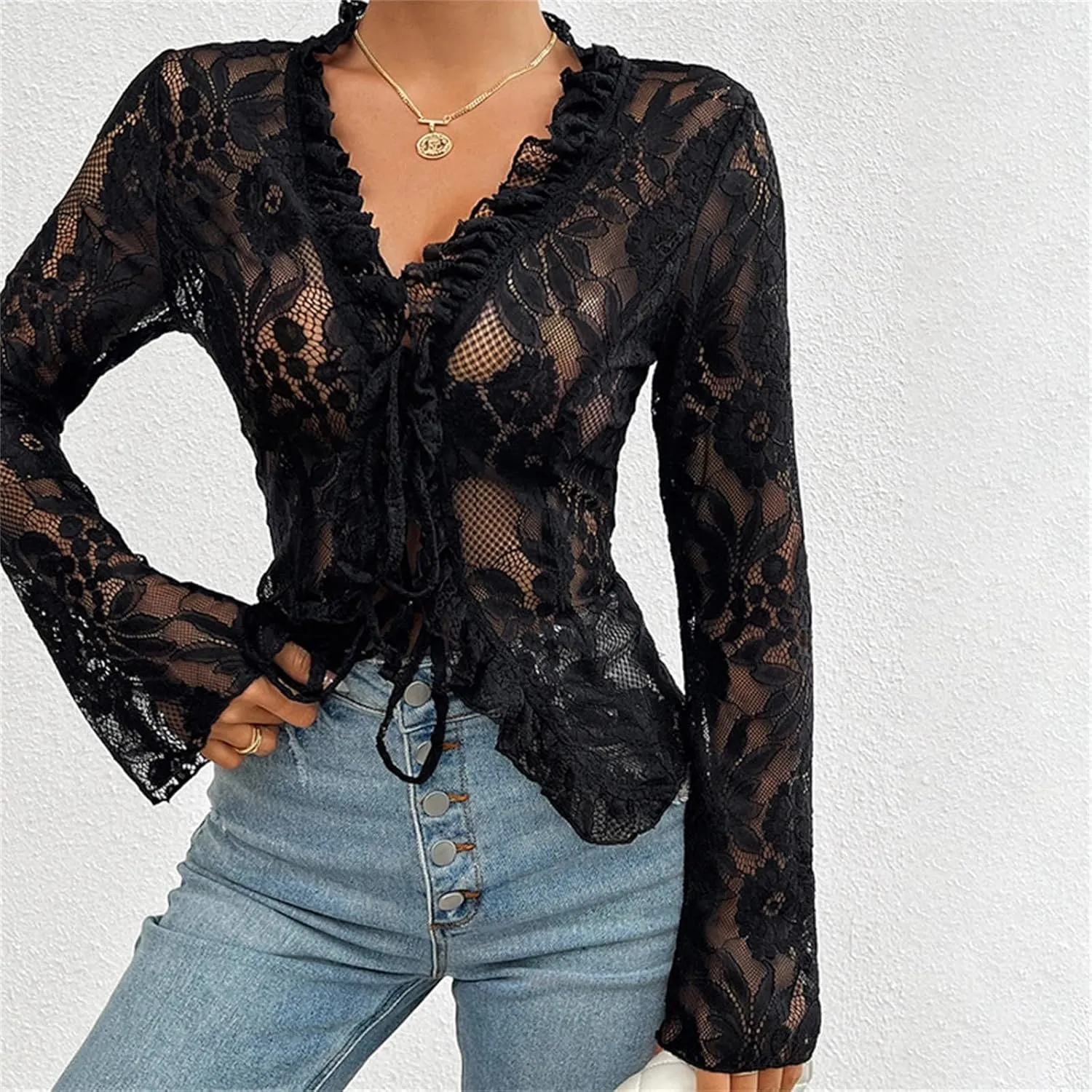 Y2k Long Sleeve Lace Top for Women Sexy Sheer Mesh See Through V Neck Crop Top Slim Fit Lace Shirt Going Out Tops
