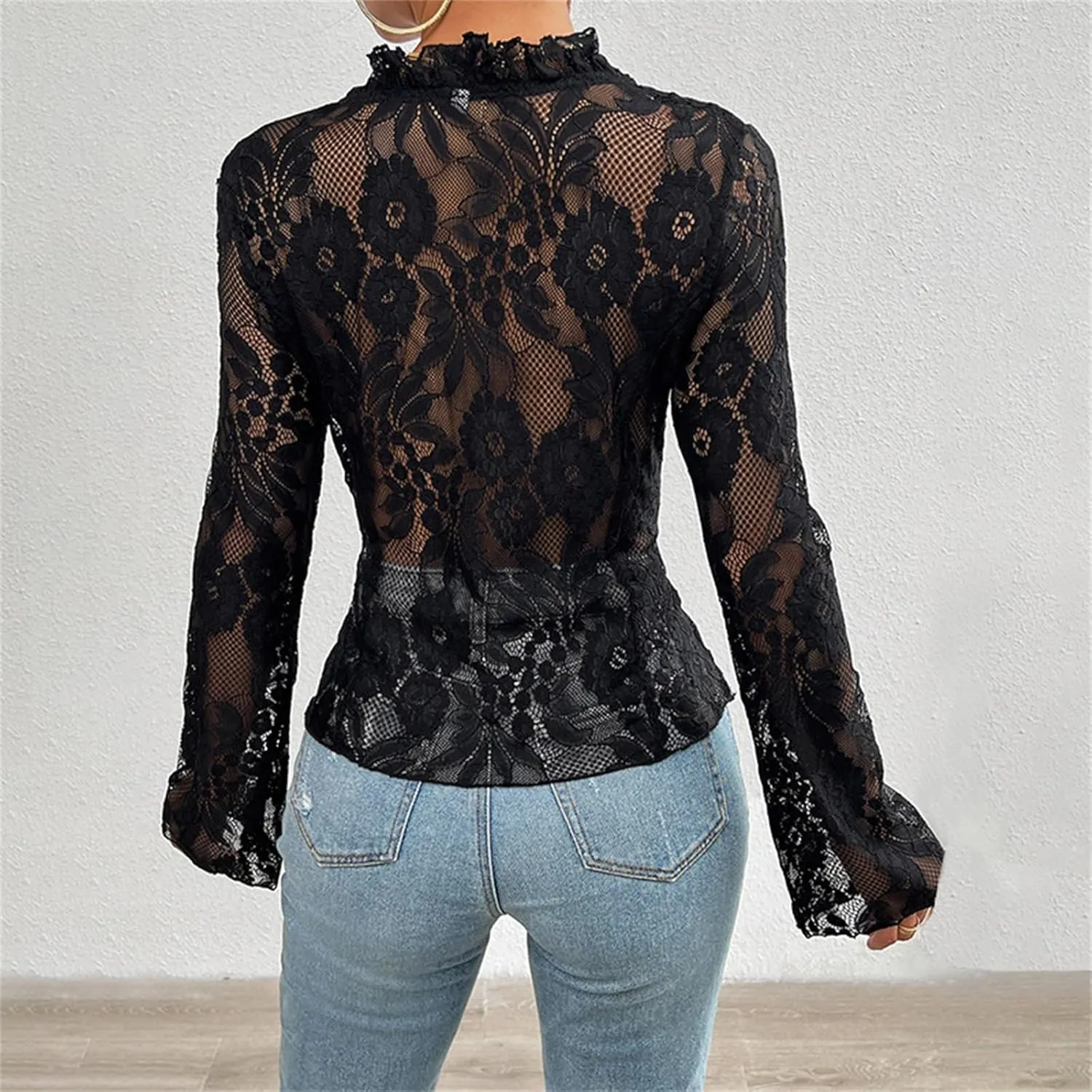 Y2k Long Sleeve Lace Top for Women Sexy Sheer Mesh See Through V Neck Crop Top Slim Fit Lace Shirt Going Out Tops