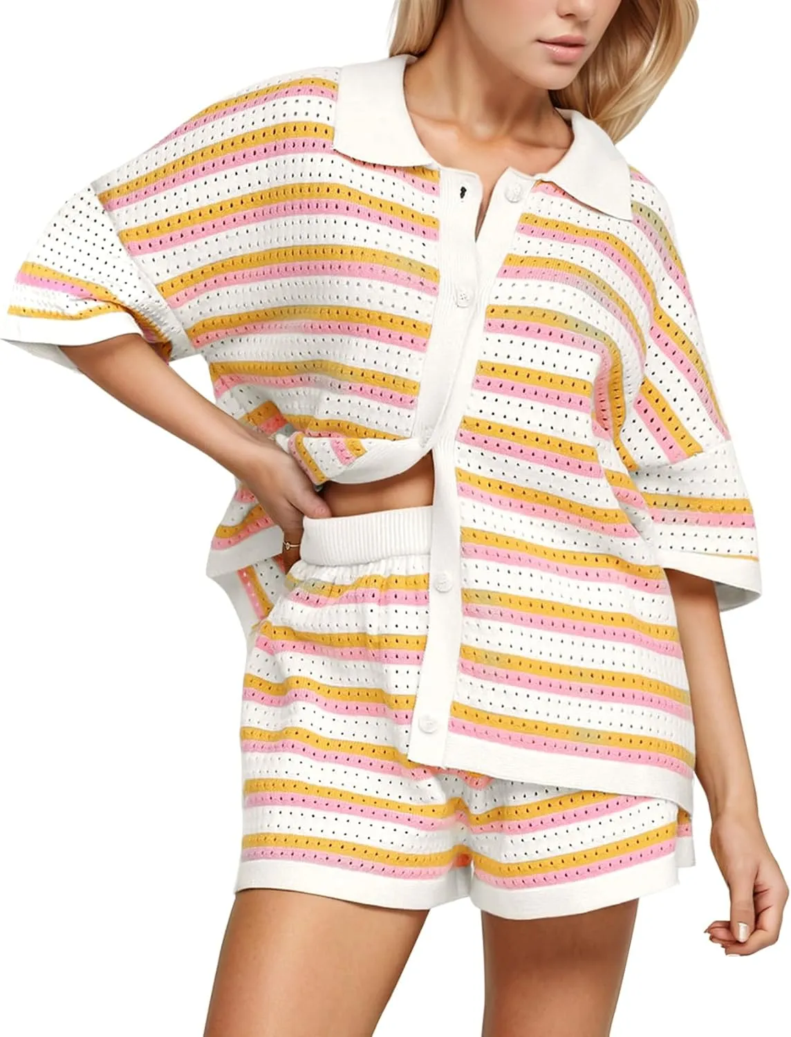 Yimoon Womens Striped Knit Pajama Set Short Sleeve Button Shirt Matching Shorts 2 Piece Outfits Crochet Lounge Set