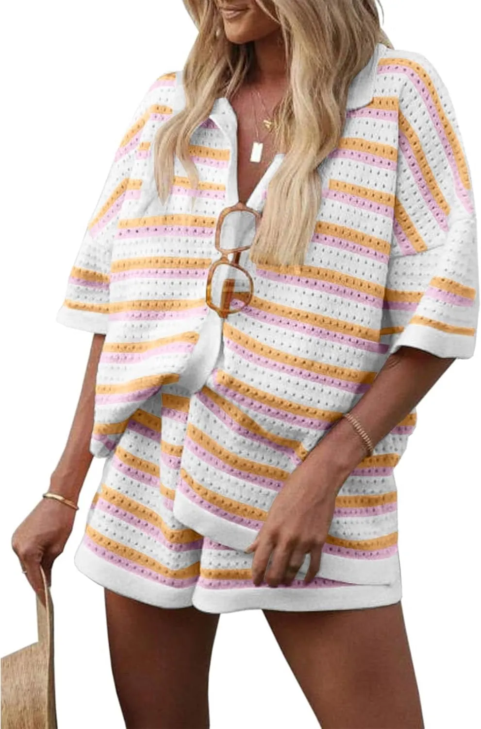 Yimoon Womens Striped Knit Pajama Set Short Sleeve Button Shirt Matching Shorts 2 Piece Outfits Crochet Lounge Set