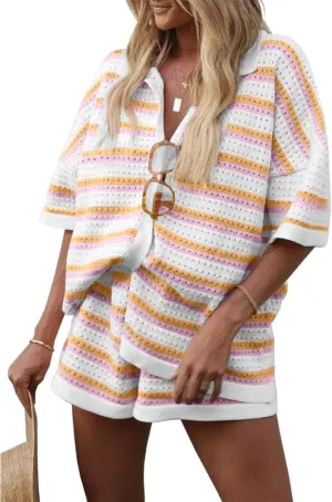 Yimoon Womens Striped Knit Pajama Set Short Sleeve Button Shirt Matching Shorts 2 Piece Outfits Crochet Lounge Set