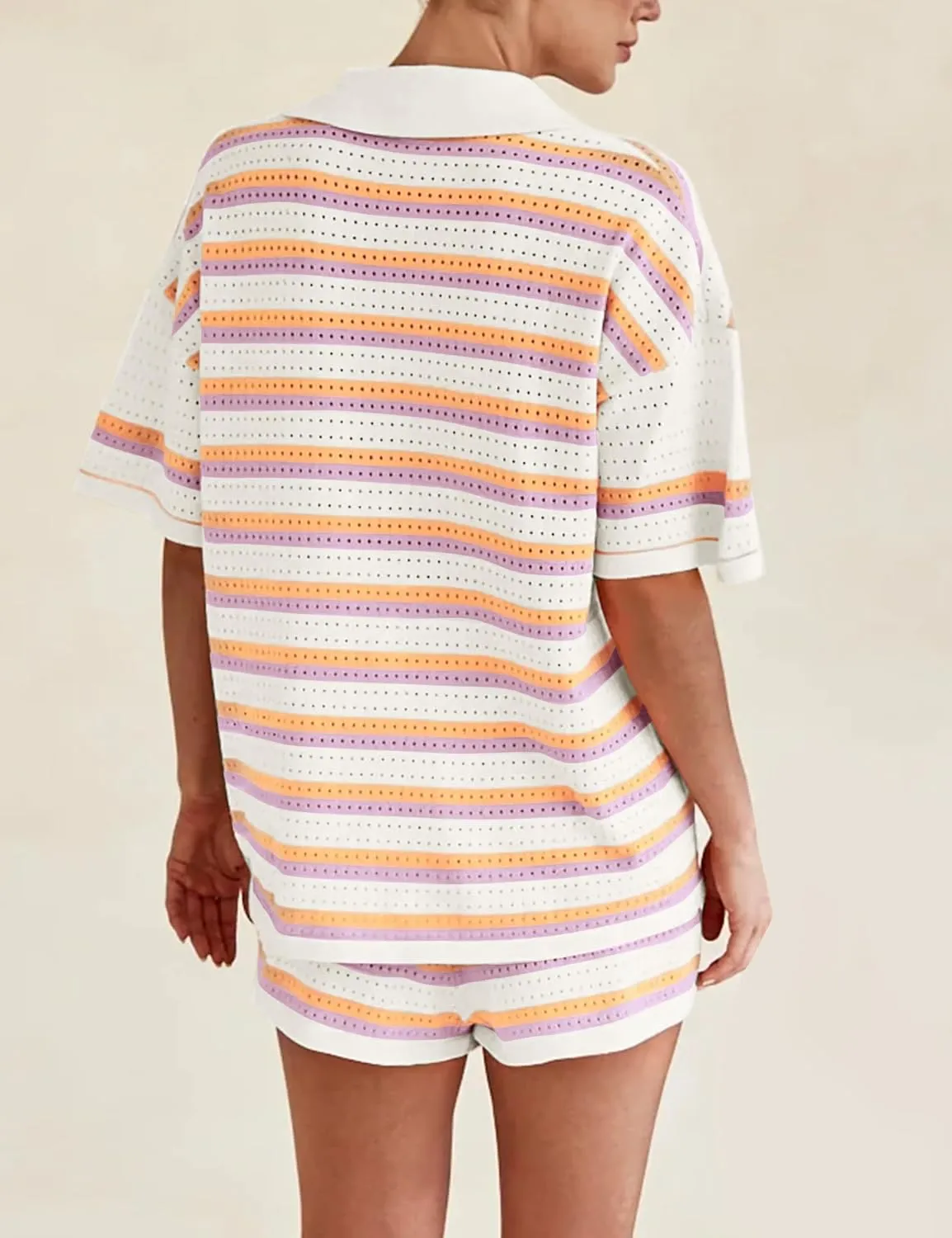 Yimoon Womens Striped Knit Pajama Set Short Sleeve Button Shirt Matching Shorts 2 Piece Outfits Crochet Lounge Set
