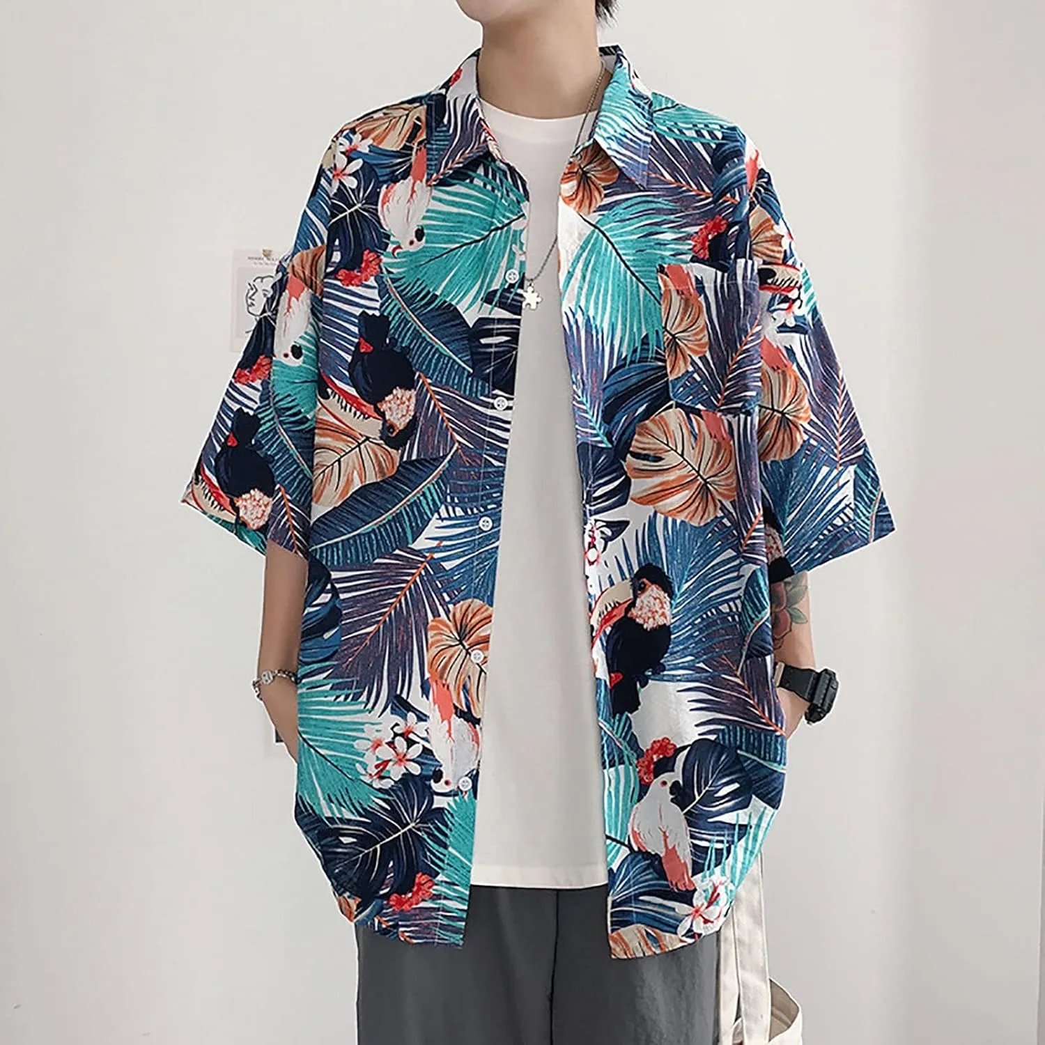 YLWX Casual Floral Shirts For Men, Short Sleeve Hawaiian Shirt, Beach Cardigans, Button Down Shirt, Lapel Loose Fit Tops