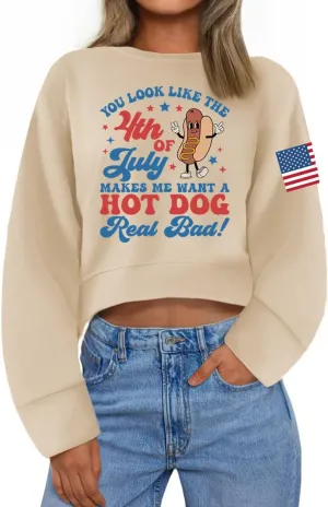 Ymoshoe 4th of July Sweatshirts For Women USA Cropped Sweatshirt American Flag Sweaters Long Sleeve Patriotic Crop Tops 2025