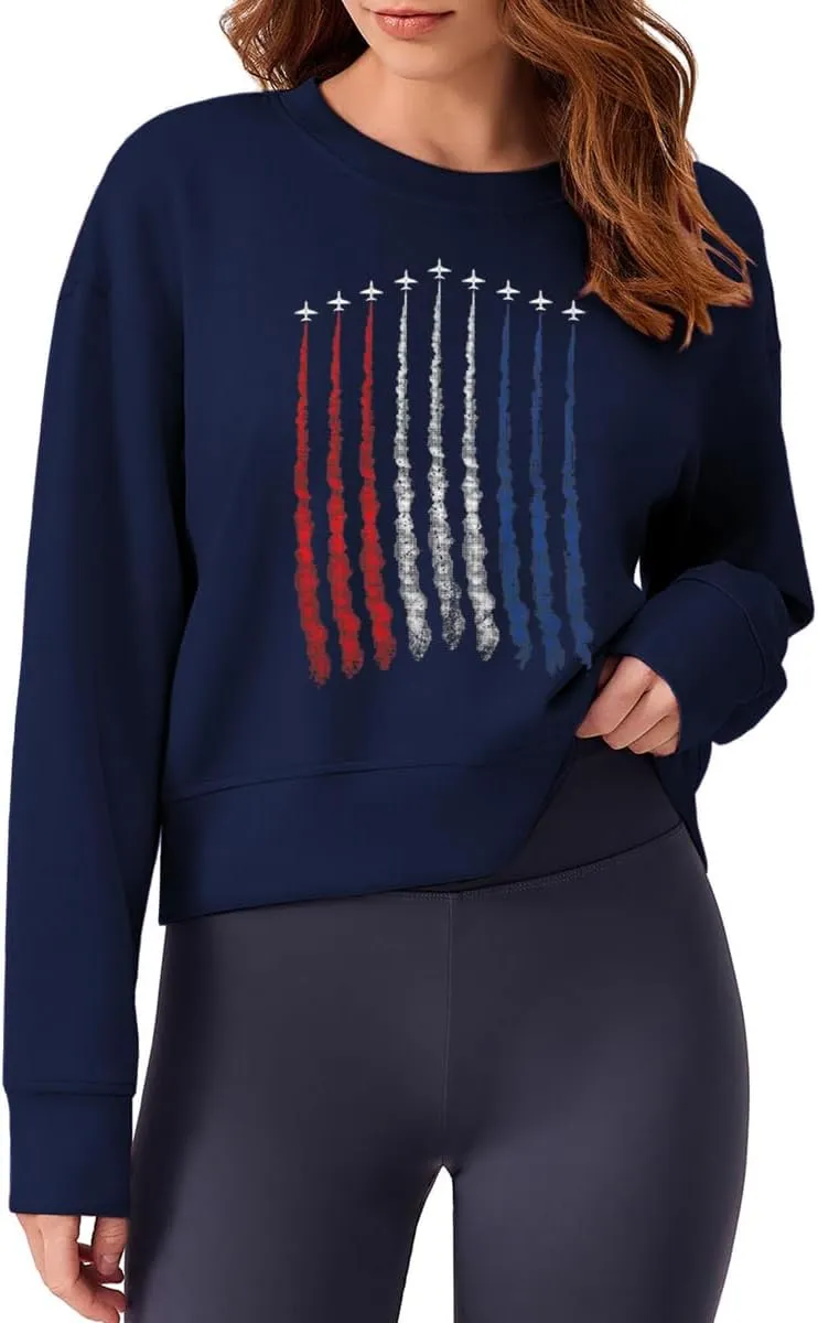 Ymoshoe 4th of July Sweatshirts For Women USA Cropped Sweatshirt American Flag Sweaters Long Sleeve Patriotic Crop Tops 2025