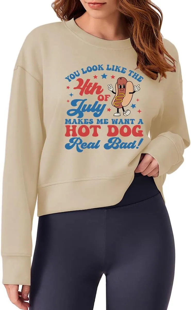 Ymoshoe 4th of July Sweatshirts For Women USA Cropped Sweatshirt American Flag Sweaters Long Sleeve Patriotic Crop Tops 2025