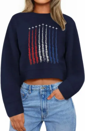 Ymoshoe 4th of July Sweatshirts For Women USA Cropped Sweatshirt American Flag Sweaters Long Sleeve Patriotic Crop Tops 2025
