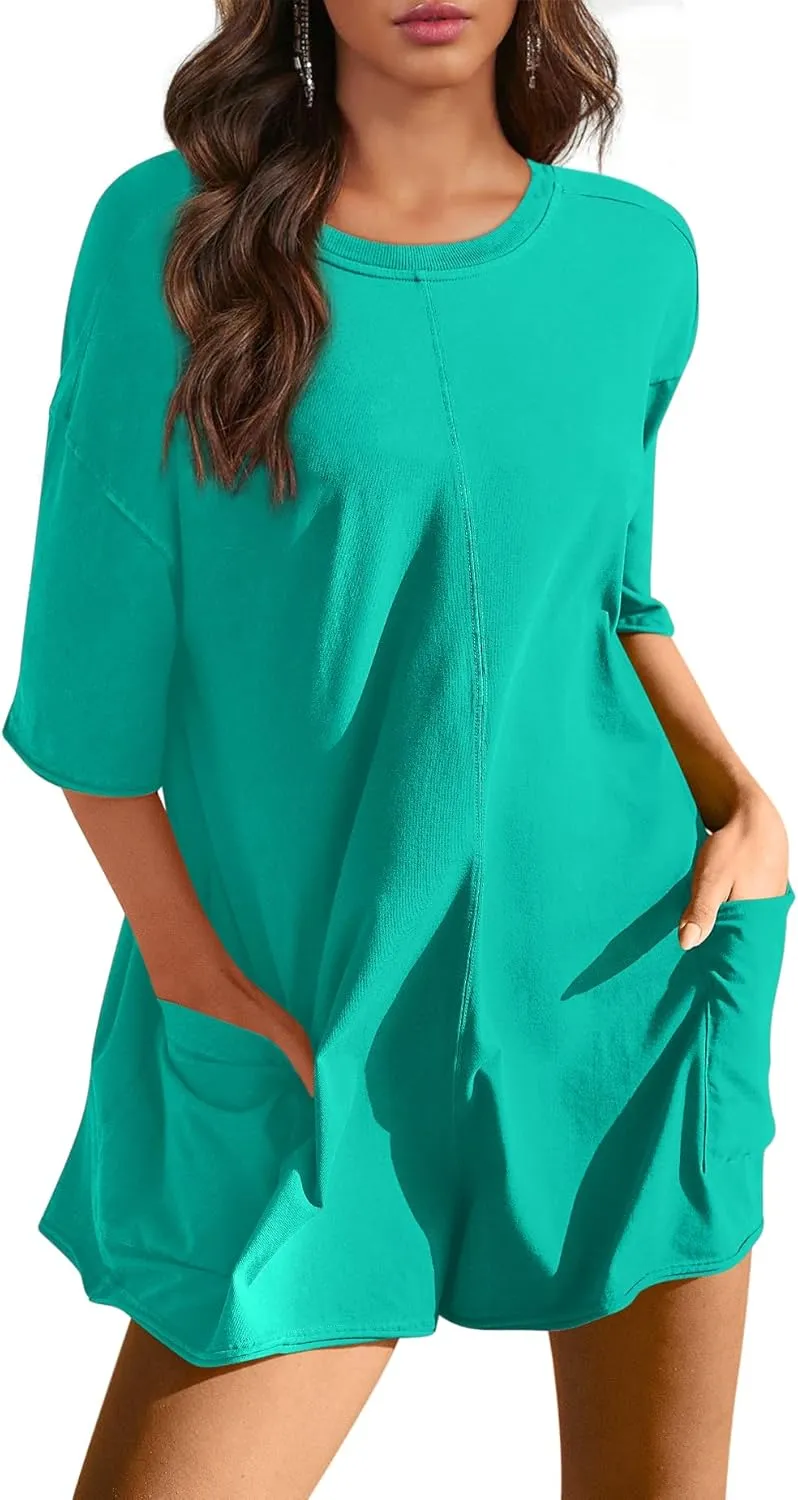 Yousify Rompers for Women 2025 Summer Athletic Oversized Romper Short Sleeve Jumpsuit with Pockets