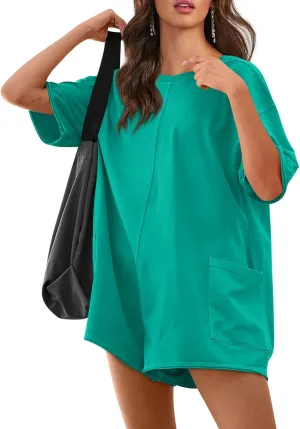 Yousify Rompers for Women 2025 Summer Athletic Oversized Romper Short Sleeve Jumpsuit with Pockets
