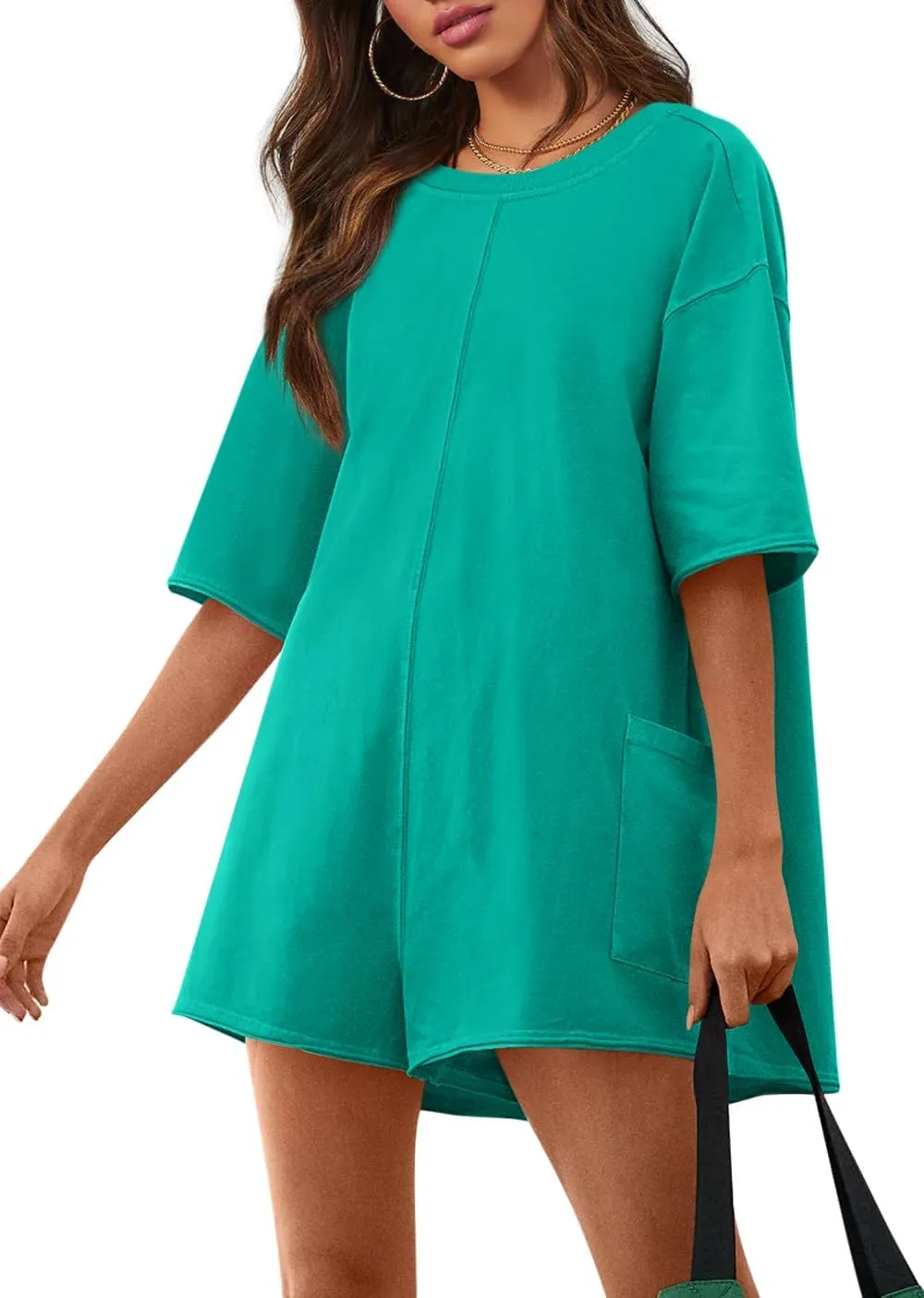 Yousify Rompers for Women 2025 Summer Athletic Oversized Romper Short Sleeve Jumpsuit with Pockets