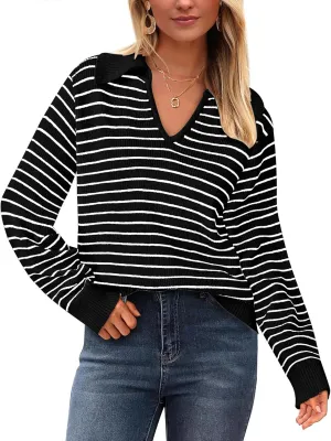 Yousify Womens Sweaters 2024 V Neck Long Sleeve Striped Tops Fall Winter Comfy Knit Clothes Pullover Sweater S-2XL