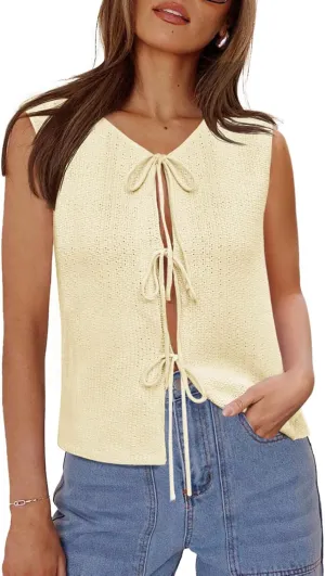 Yousify Women’s Tie Front Sweater Vest 2025 Summer Sleeveless Crochet Knit Tops Lightweight Cardigan Sweaters Outfits