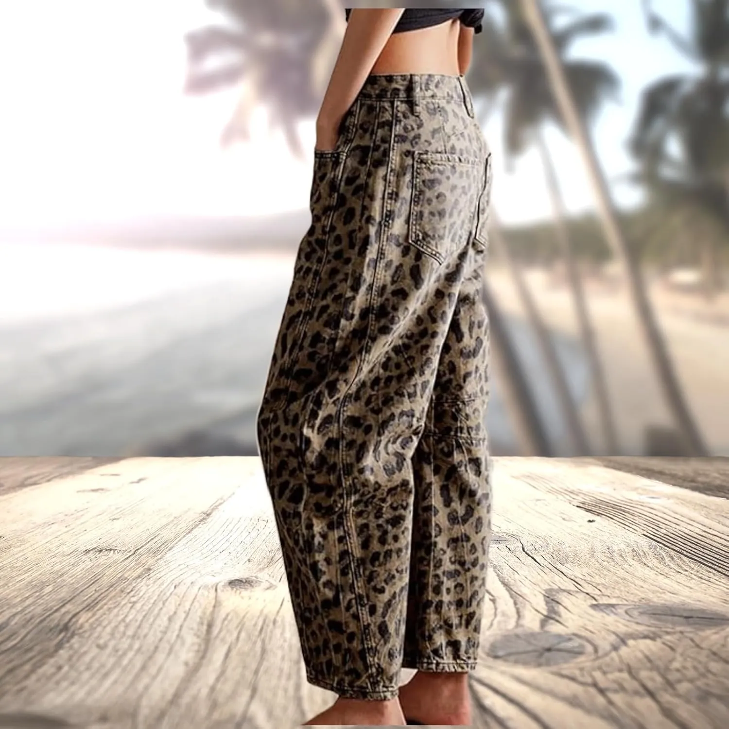 YSW Cheetah Barrel Jeans Women Leopard Print Jean Y2k Mid Rise Baggy Boyfriend Wide Leg Ankle Boho Pants