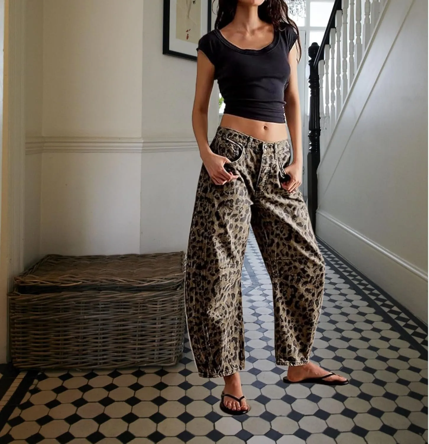 YSW Cheetah Barrel Jeans Women Leopard Print Jean Y2k Mid Rise Baggy Boyfriend Wide Leg Ankle Boho Pants