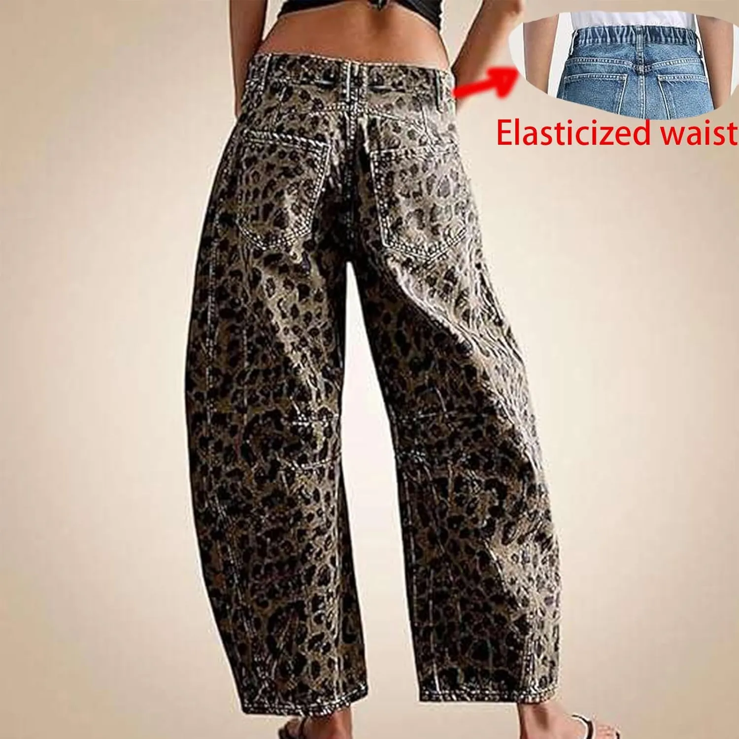 YSW Cheetah Barrel Jeans Women Leopard Print Jean Y2k Mid Rise Baggy Boyfriend Wide Leg Ankle Boho Pants