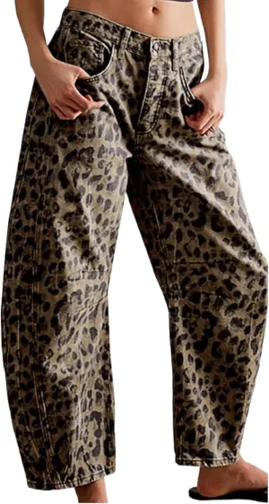 YSW Cheetah Barrel Jeans Women Leopard Print Jean Y2k Mid Rise Baggy Boyfriend Wide Leg Ankle Boho Pants