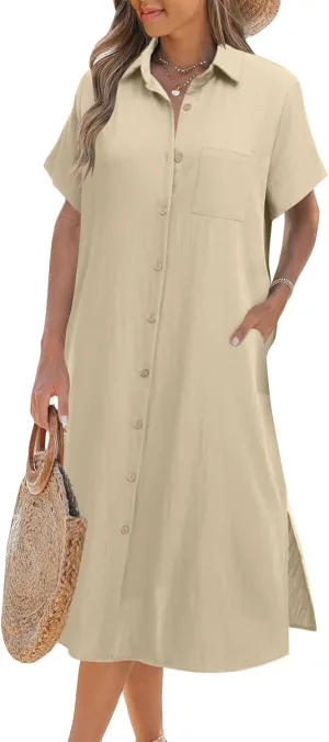 Zeagoo Womens Dress Summer Casual Short Sleeve Button Down Shirt Dress Beach Cover Up Dress with Pockets