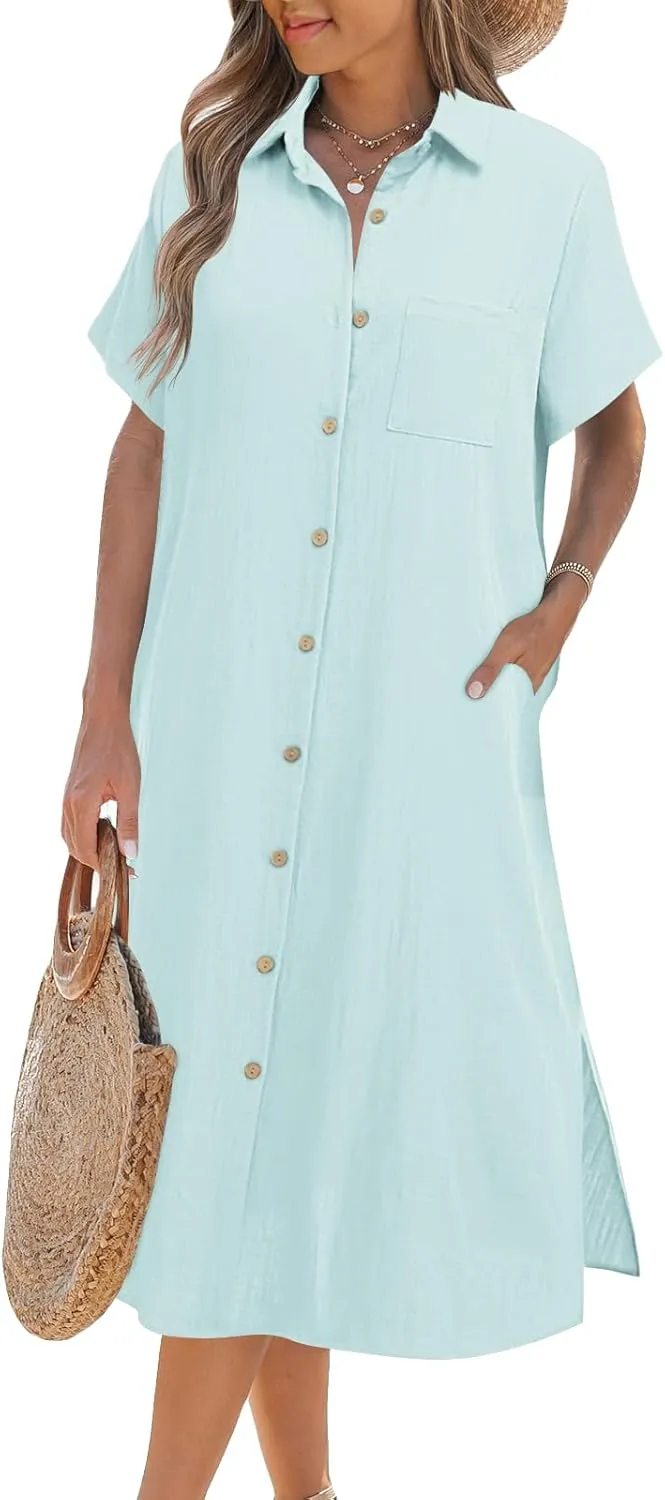 Zeagoo Womens Dress Summer Casual Short Sleeve Button Down Shirt Dress Beach Cover Up Dress with Pockets