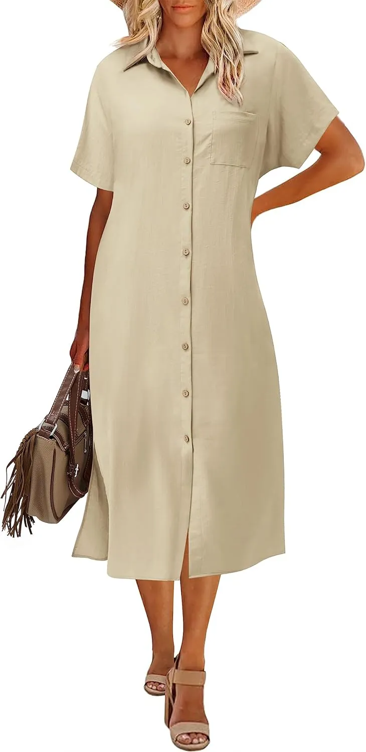 Zeagoo Womens Dress Summer Casual Short Sleeve Button Down Shirt Dress Beach Cover Up Dress with Pockets