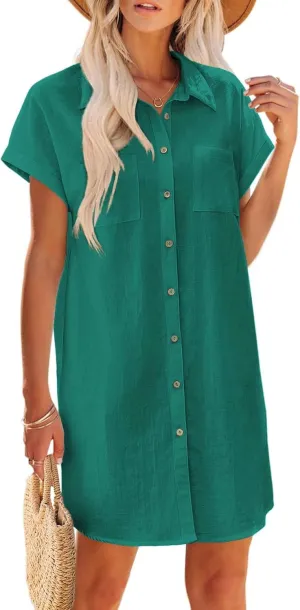 Zeagoo Women's Summer Dress 2025 Cotton Button Down Short Sleeve Tshirt Dresses Casual Flowy V Neck Loose Mini Beach Dress