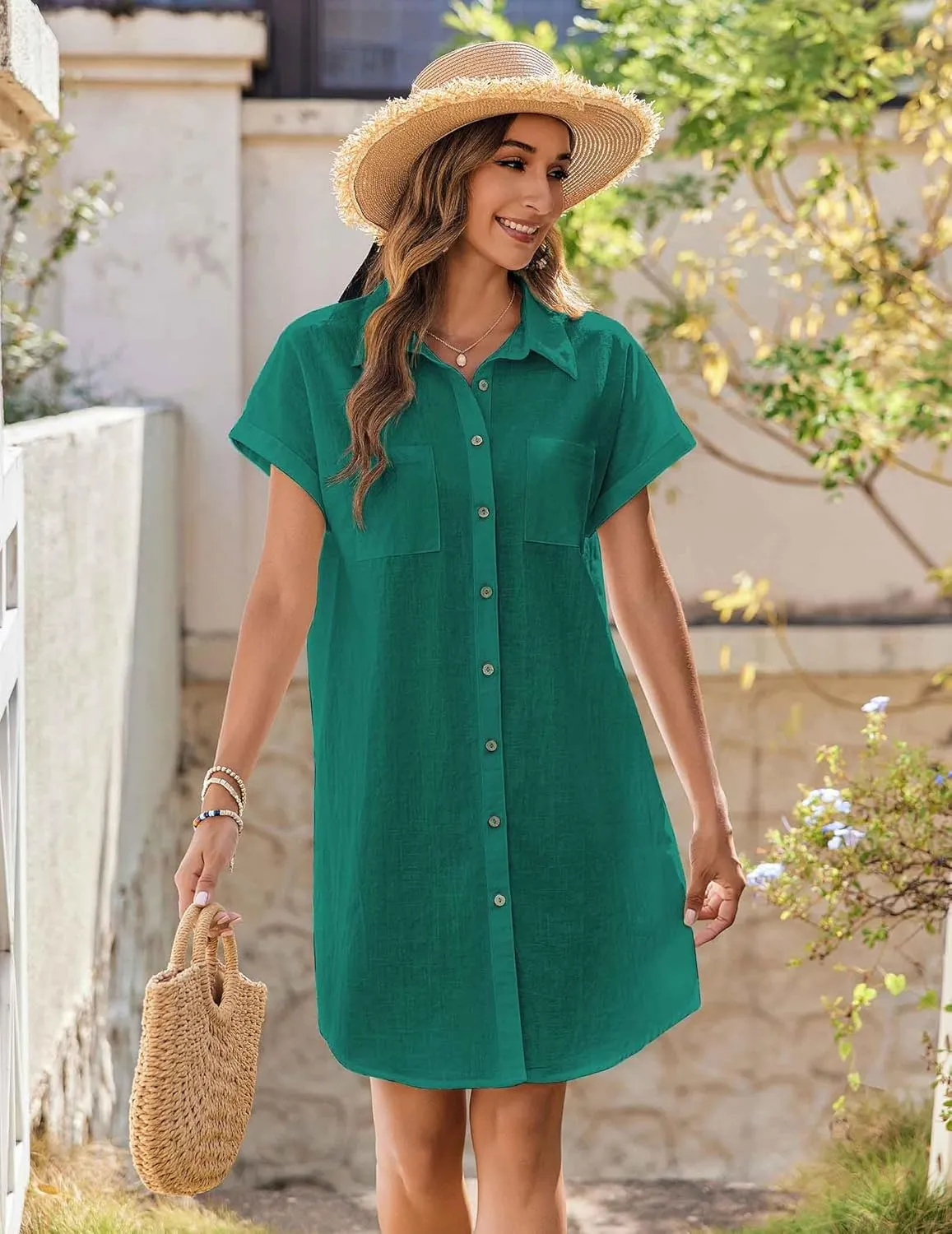 Zeagoo Women's Summer Dress 2025 Cotton Button Down Short Sleeve Tshirt Dresses Casual Flowy V Neck Loose Mini Beach Dress