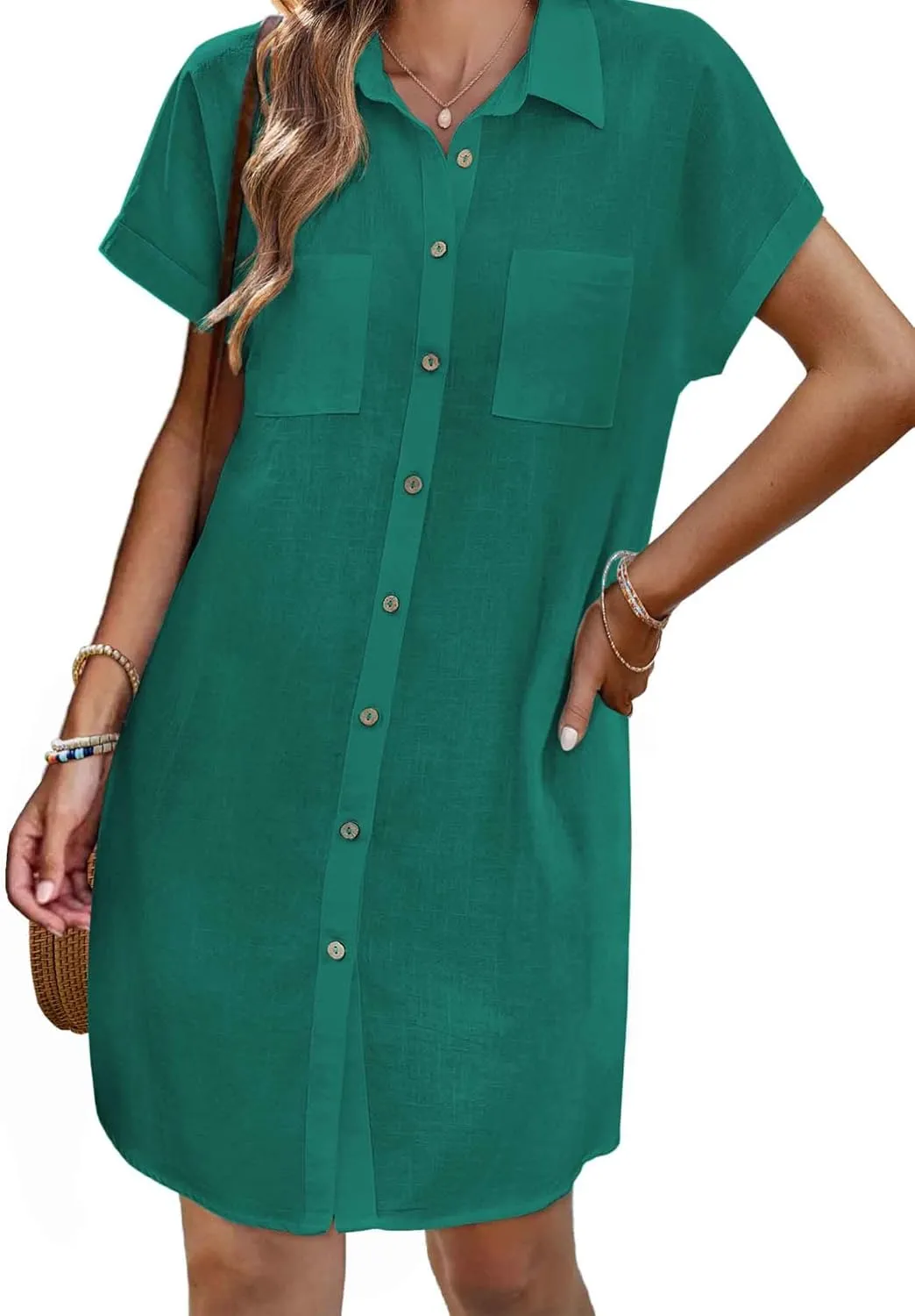 Zeagoo Women's Summer Dress 2025 Cotton Button Down Short Sleeve Tshirt Dresses Casual Flowy V Neck Loose Mini Beach Dress
