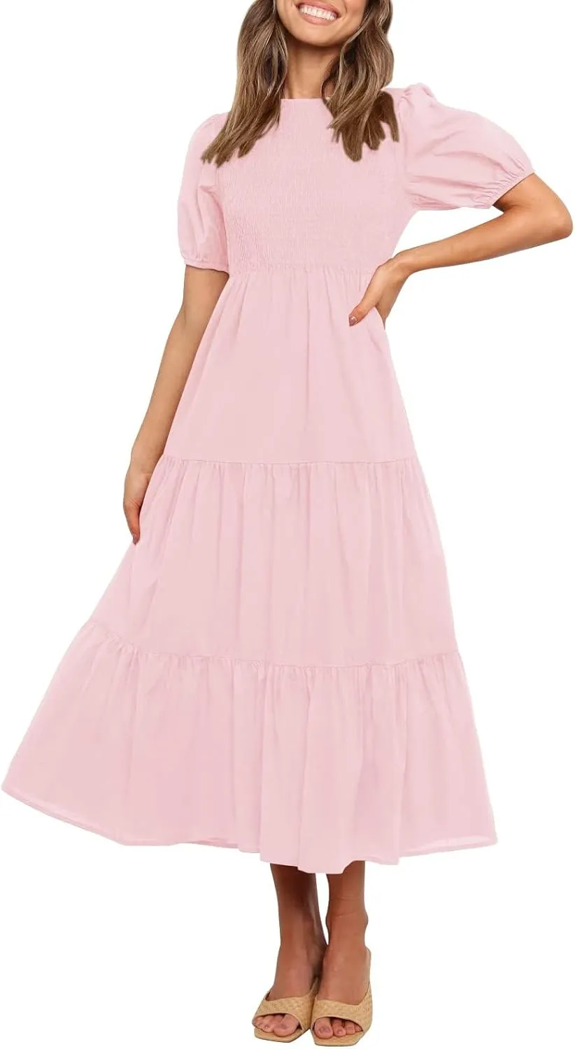 ZESICA Women's Casual Summer Crew Neck Short Puff Sleeve Smocked High Waist Ruffle Tiered A Line Midi Dress