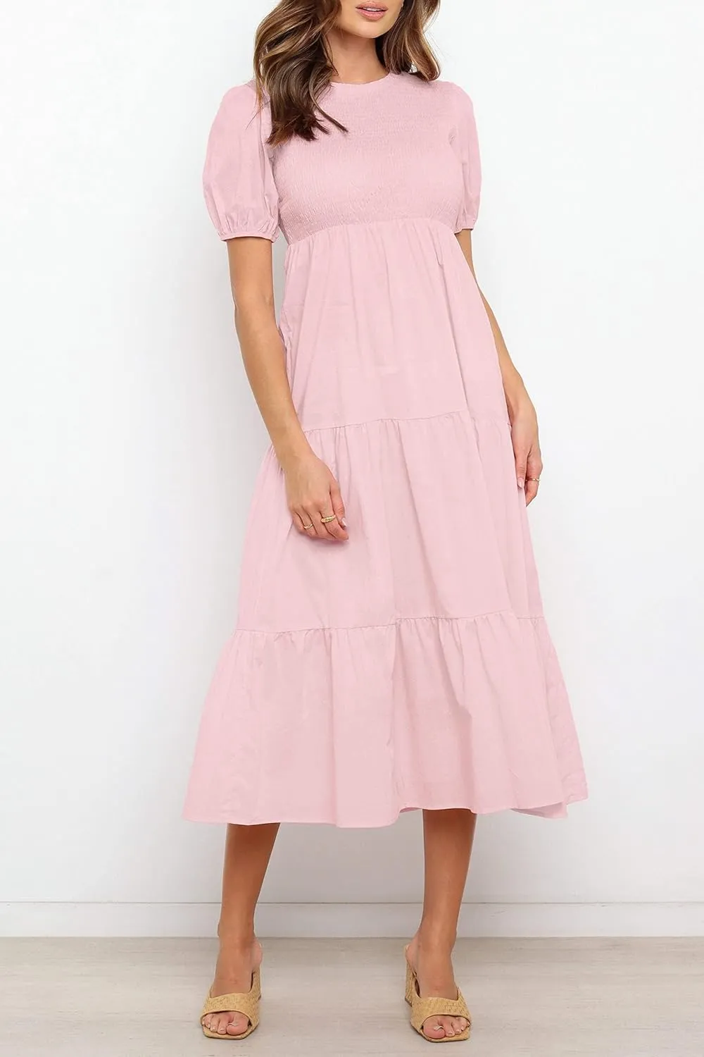 ZESICA Women's Casual Summer Crew Neck Short Puff Sleeve Smocked High Waist Ruffle Tiered A Line Midi Dress
