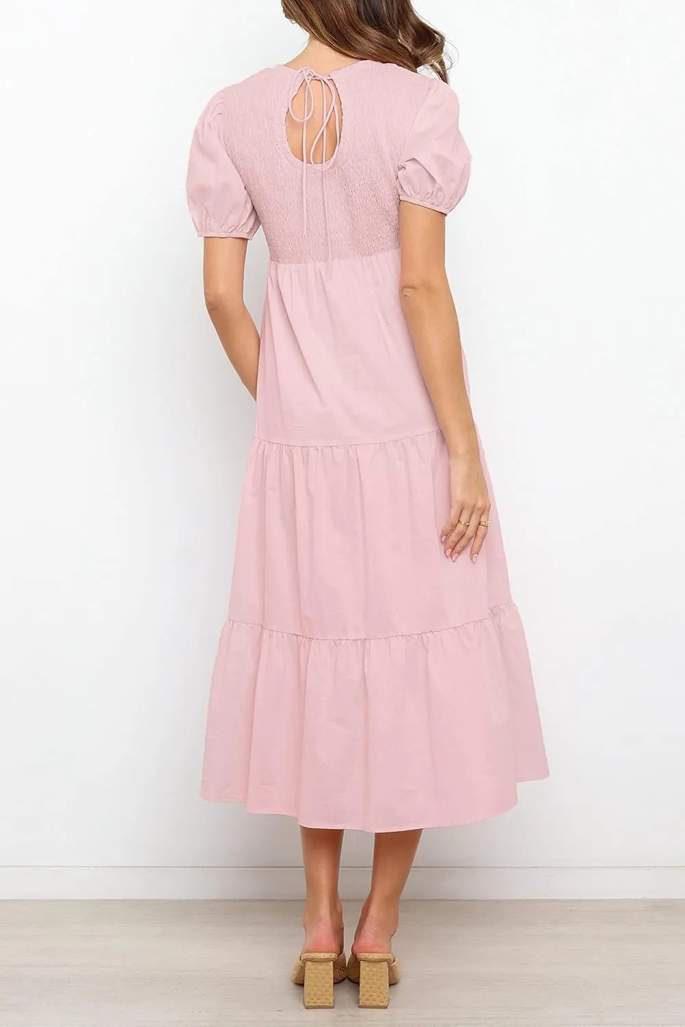 ZESICA Women's Casual Summer Crew Neck Short Puff Sleeve Smocked High Waist Ruffle Tiered A Line Midi Dress