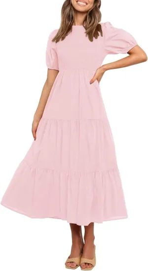 ZESICA Women's Casual Summer Crew Neck Short Puff Sleeve Smocked High Waist Ruffle Tiered A Line Midi Dress