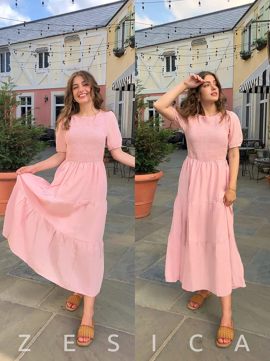 ZESICA Women's Casual Summer Crew Neck Short Puff Sleeve Smocked High Waist Ruffle Tiered A Line Midi Dress