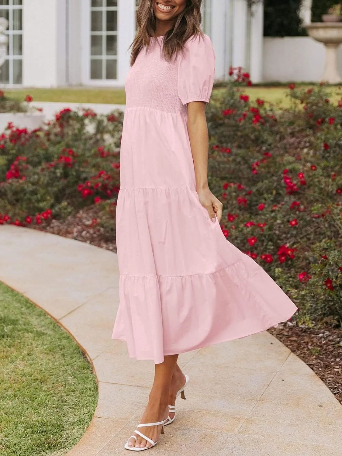 ZESICA Women's Casual Summer Crew Neck Short Puff Sleeve Smocked High Waist Ruffle Tiered A Line Midi Dress
