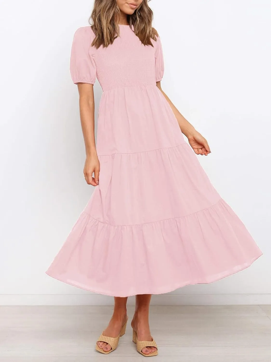 ZESICA Women's Casual Summer Crew Neck Short Puff Sleeve Smocked High Waist Ruffle Tiered A Line Midi Dress