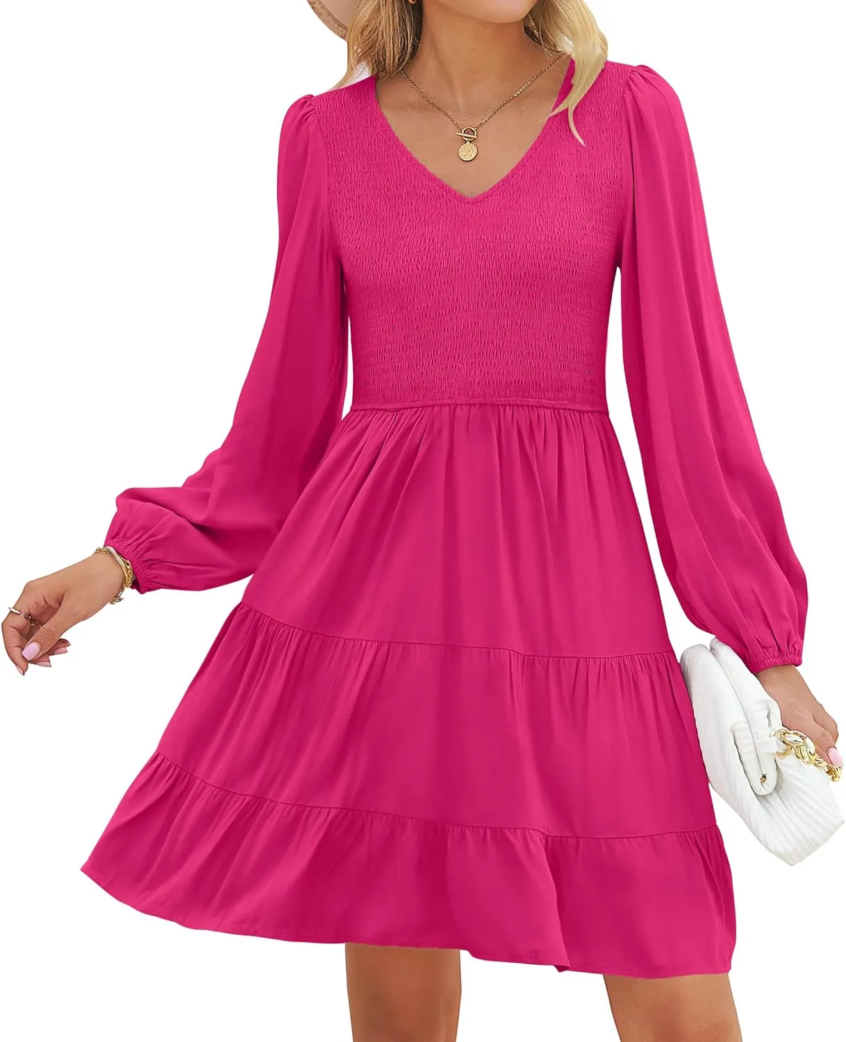 ZESICA Women's Casual V Neck Long Sleeve Smocked High Waist Ruffle A Line Tiered Mini Dress