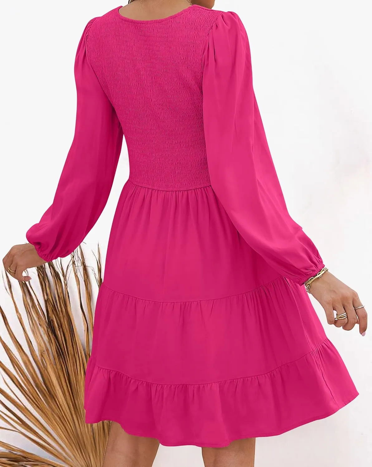 ZESICA Women's Casual V Neck Long Sleeve Smocked High Waist Ruffle A Line Tiered Mini Dress
